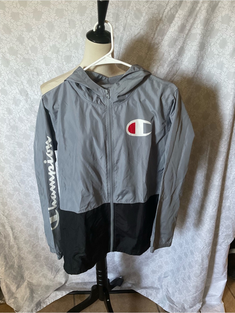 Champion Hooded Colorblock Gray & Black Jacket with Logo